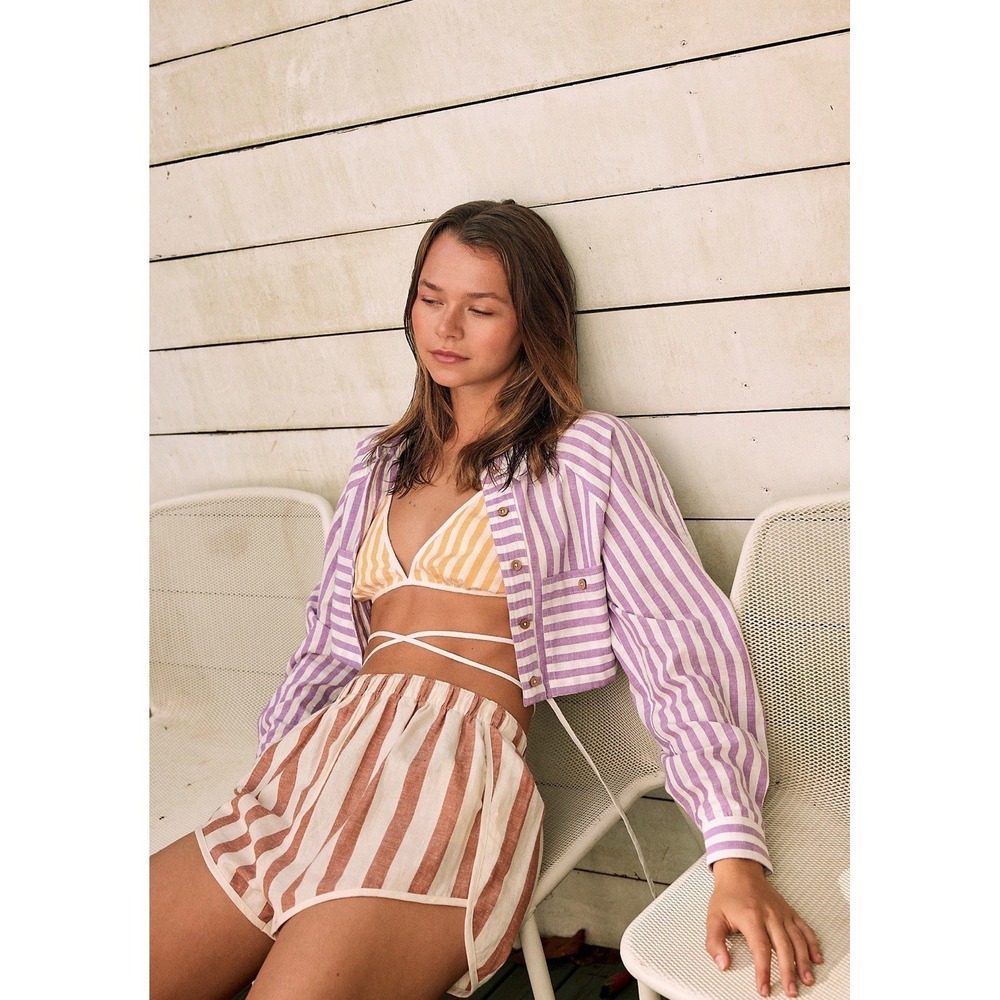 Free People Linen Blend Striped Bikini Top Resort Beach Festival Fairy Bohemian